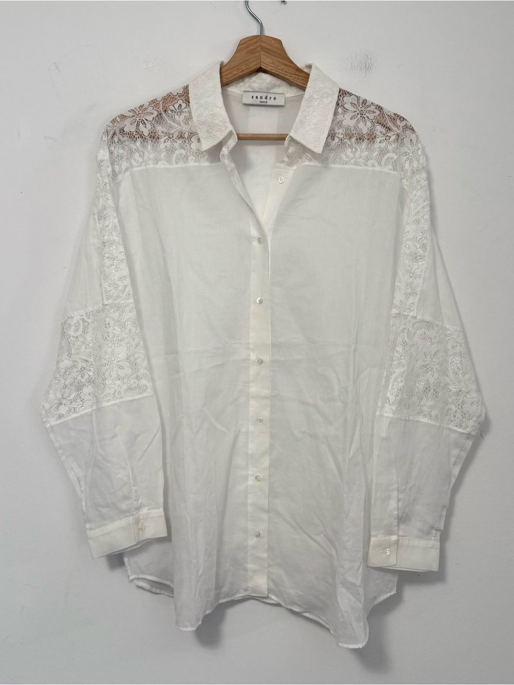 Sandro Paris Size 3 US Large White Cotton Lace Button Down Tunic Shirt